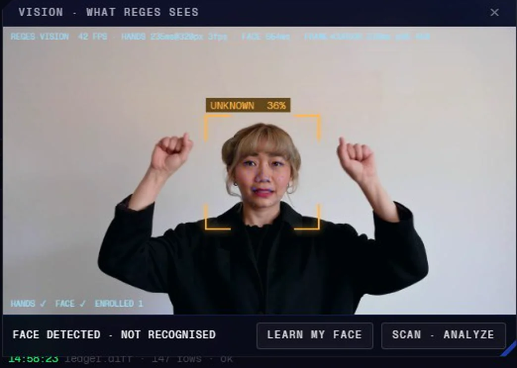 Reges vision marking a face it has not met as UNKNOWN, with live tracking telemetry