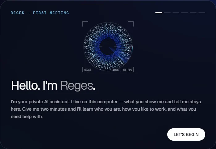 Reges first-meeting card with the living iris: “Hello. I’m Reges.”